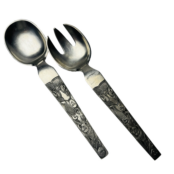David Andersen Salad Spoon Fork Set Stopt Tinn Oseberg Pewter Norway T280 & T281 - Picture 1 of 7